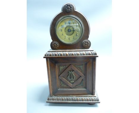 GERMAN MUSICAL SYMPHONIUM MANTEL CLOCK, single interior disk marked 'Junghans In the Gloaming, Made in Germany', 32.5cms high