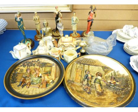 MUSTERSCHUTZ POTTERY WALL CHARGERS x 2 along with a pressed glass hen-on-nest, cottage and other teaware, Deco-type compositi