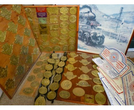 BRASS &amp; OTHER TRANSPORT &amp; VINTAGE RALLY BADGES: A GOOD QUANTITY mounted on various boards and leather hames, with a q
