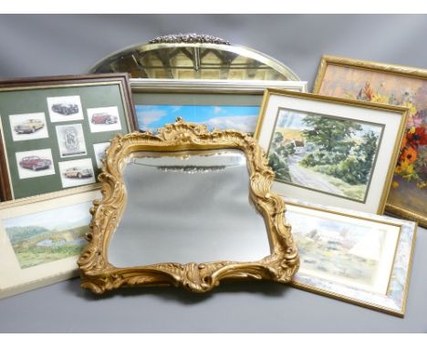 VINTAGE WALL MIRRORS x 2 with a small selection of framed pictures and prints