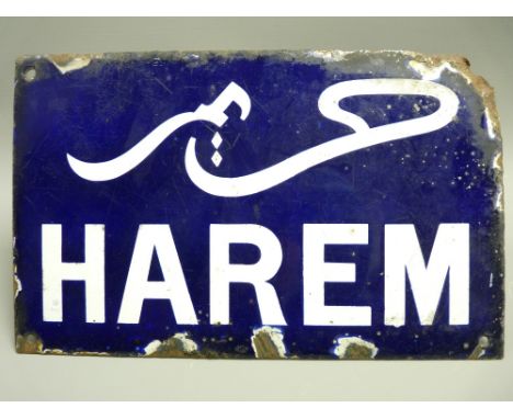 VINTAGE ENAMEL SIGN TITLED 'HAREM', 16 x 25.5cms (some rust and chipped losses)