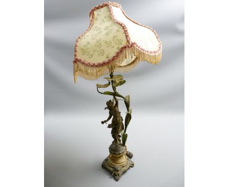 VICTORIAN GILT &amp; PAINTED METAL &amp; ALABASTER TABLE LAMP in the form of a winged lady, the base with cherubic corners, 6