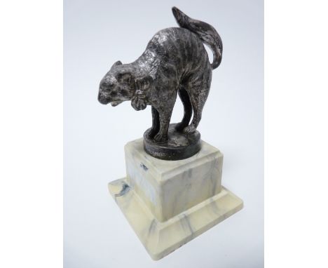 VINTAGE CAR MASCOT - ANGRY CAT  standing with arched back, ribbon bow to neck, possibly DUNHILLS LTD, 8.25cms H