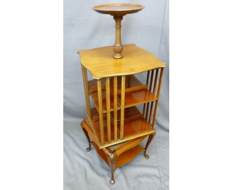 EDWARDIAN MAHOGANY REVOLVING BOOKCASE having dish tray top on slender supports with under tier shelf, 114cms overall height x