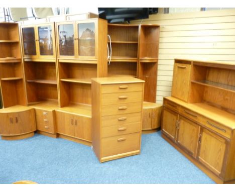 EXCELLENT G-PLAN MID-CENTURY TEAK LOUNGE SYSTEM 6-PIECES to include concave bookshelf, sideboard with upper shelf and cabinet