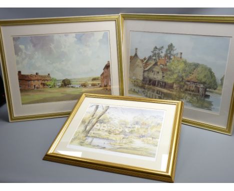AFTER STANLEY ORCHART-pair of coloured prints, rural village street and lakeside farmstead, each 33x47cms and a coloured prin