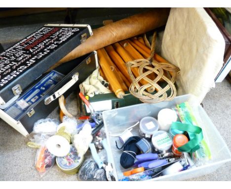 MIXED SELECTION OF HOUSEHOLD GOODS including crafting materials and haberdashery, a vintage carpet beater, a roll of soft lea