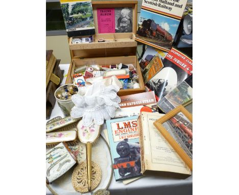 LIDDED NEEDLEWORK BOX &amp; CONTENTS, button tin, embroidered dressing table items and a quantity of railway related books an