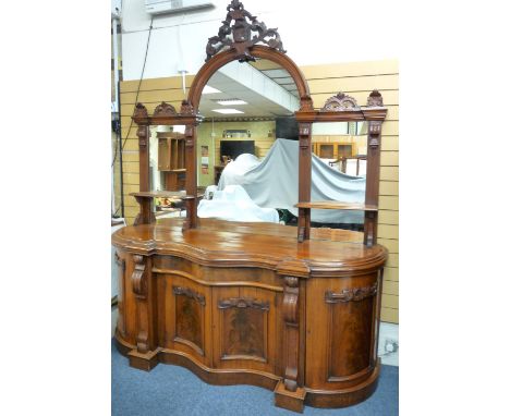 GOOD VICTORIAN MAHOGANY MIRROR BACK SIDEBOARD the central arched top and flanking side mirrors all having carved detail, on a