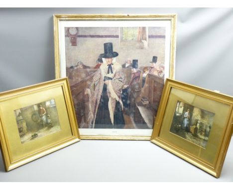 SALEM' COLOURED PRINT 57X57cms and a pair of coloured prints, interior scenes after H J Dobson, 16x22cms