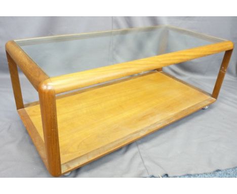 MID-CENTURY G-PLAN STYLE TEAK GLASS TOP COFFEE TABLE with under tier shelf on chrome castors, 45cms high x 111cms long x 54cm