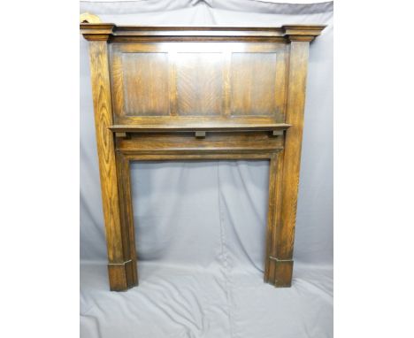 VINTAGE OAK FIRE SURROUND with panel back top and mantel shelf, 182cms high x 151cms wide