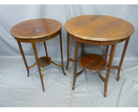 EDWARDIAN CIRCULAR TOP OCCASIONAL TABLES x 2 including an inlaid example on four supports with under tier shelf and conjoinin