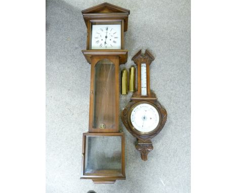 REPRODUCTION VIENNA-TYPE WALL CLOCK &amp; AN OAK FRAMED BAROMETER WITH THERMOMETER the clock twin weight with coiled gong str
