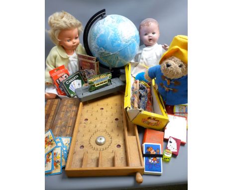 VINTAGE DOLLS, PELHAM PUPPET, BAGATELLE BOARD &amp; OTHER TOYS, CARD GAMES