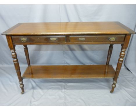 EDWARDIAN MAHOGANY SERVER TABLE the cleated end rectangular top over two frieze drawers with cutlery section interiors, on tu