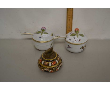 A Royal Crown Derby table lighter together with two Herend condiment pots with spoons (3)