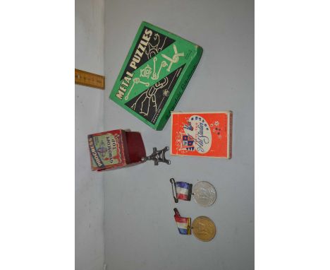 Mixed Lot: Vintage metal puzzles, gyroscope, spinning top, vintage playing cards, coronation of George VI presentation medals