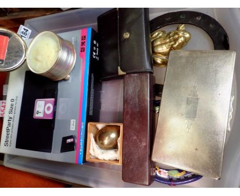 Mixed items, including Ipod speakers, brass and a Swiss musical powder box. UK P&amp;P Group 2 (£20+VAT for the first lot and