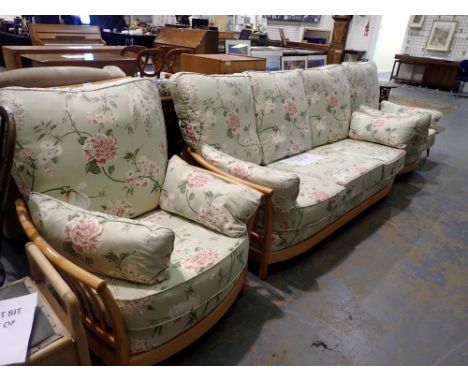 An Ercol Renaissance three piece lounge suite, Blonde elm frames model 1068 with upholstered cushions. Not available for in-h