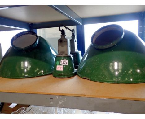 Two industrial enamel shades and fittings, D: 46 cm. Not available for in-house P&amp;P 