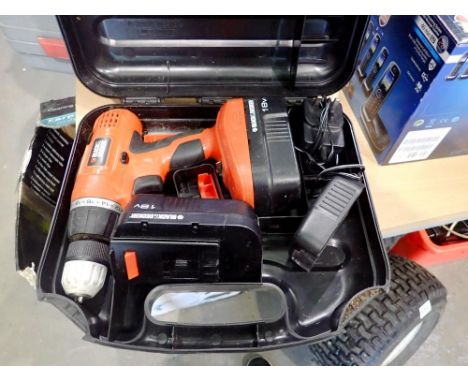 Cased Black &amp; Decker 18v drill with charger and spare battery. All electrical items in this lot have been PAT tested for 