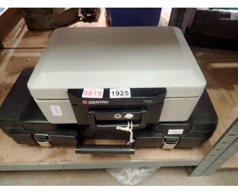 Erbauer SDS drill with battery and fire proof box containing vintage tools. Not available for in-house P&amp;P 
