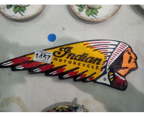 Cast iron Indian Motorcycles plaque. W: 25 cm. UK P&amp;P Group 2 (£20+VAT for the first lot and £4+VAT for subsequent lots) 