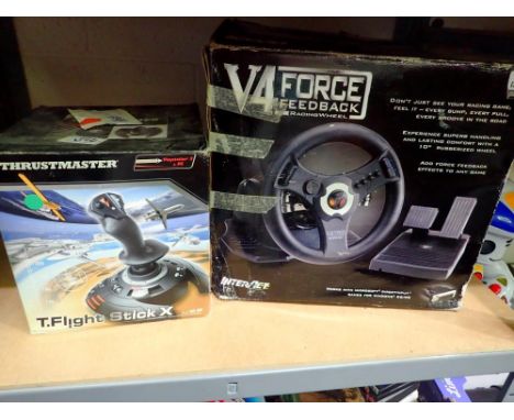 V4 force feedback racing wheel and Thurstmaster T. flight stick, both boxed. Not available for in-house P&amp;P 