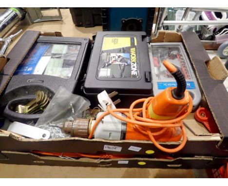 Two boxes of mixed tools to include Black &amp; Decker drill. All electrical items in this lot have been PAT tested for safet