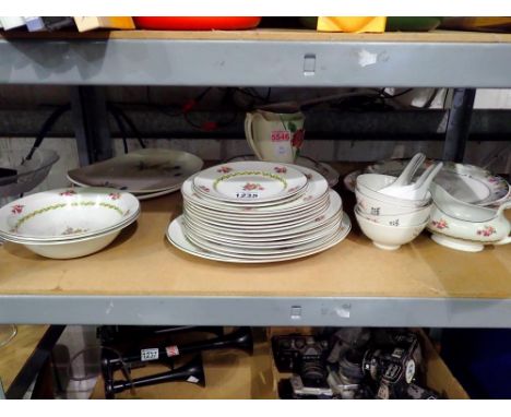 Shelf of mixed ceramics, including Chinese soup bowls and spoons. Not available for in-house P&amp;P 