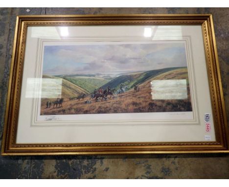 Limited edition signed print by Donald Ayres of a hunting scene, 68 x 34 cm. Not available for in-house P&amp;P 