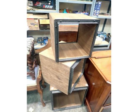 Three oak and steel storage boxes. Not available for in-house P&amp;P 