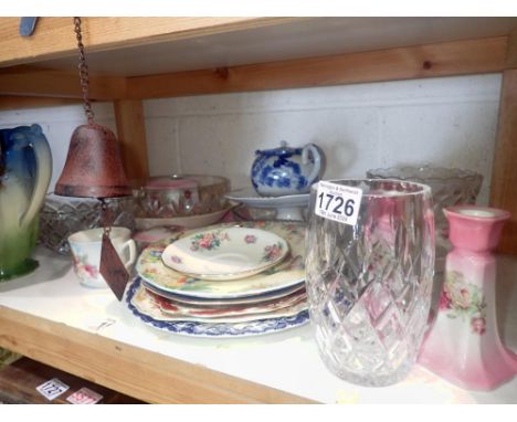 Shelf of mixed ceramics and glass. Not available for in-house P&amp;P 