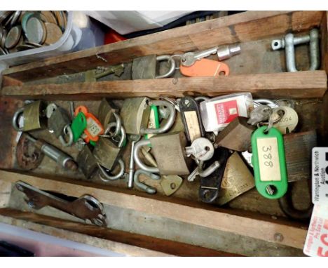 Tray of mixed vintage padlocks with keys, micrometer and Raleigh bike spanner. Not available for in-house P&amp;P 