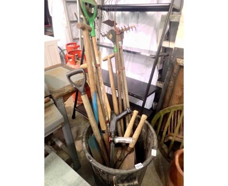 Bin of mixed garden tools to include spades, rack, shovels etc, bin not included. Not available for in-house P&amp;P 