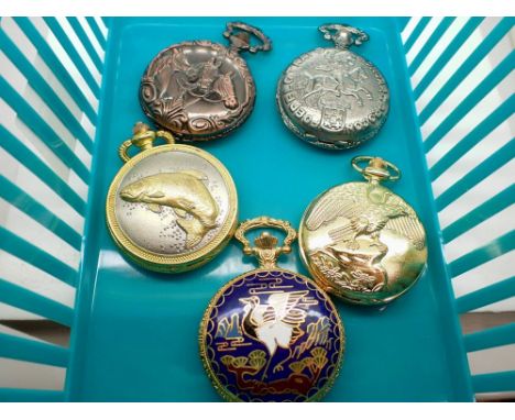 Five pocket watches with animal themed covers, all working at lotting up. UK P&amp;P Group 1 (£16+VAT for the first lot and £