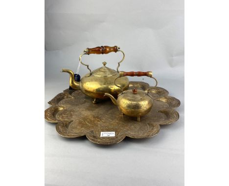 EASTERN BRASS TRAY, 46cm diameter, along with other items including a pair of brass candlesticks, pewter tankard and a Meva 8