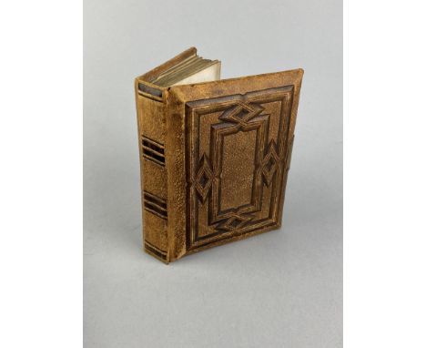 VICTORIAN PHOTOGRAPH ALBUM, 14cm high, along with wooden printing blocks, pewter measures, manicure set in case, photograph f