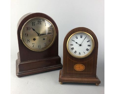MAHOGANY BRACKET CLOCK, with silvered dial, 26cm high, along with two inlaid mantel clocks (3)