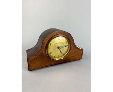 MINIATURE MAHOGANY 8 DAY MANTEL CLOCK, 13.5cm high, along with stained wood box, a brass table barometer, door stop and a bra