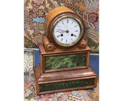 LATE 19TH CENTURY OAK MANTEL CLOCK, with simulated marble panels, 31cm high