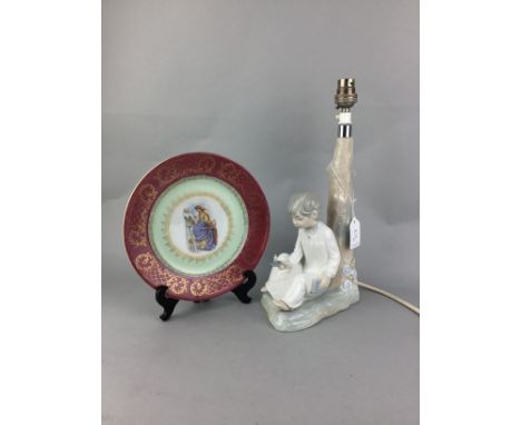 SPANISH CERAMIC FIGURAL TABLE LAMP, 33.5cm high overall, along with other ceramics including five plates, Albion blue and whi