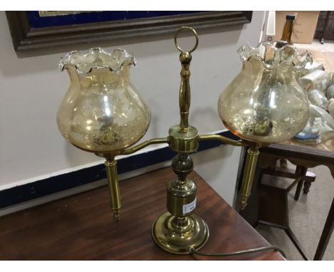 BRASS TWIN BRANCH TABLE LAMP, with glass shades