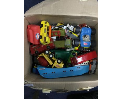 LOT OF LOOSE DIE CAST VEHICLES, including Matchbox and Tonka, along with boxed Thomas the Tank Engine trains