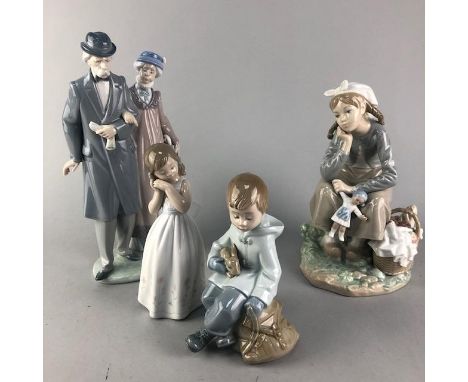 LLADRO FIGURE GROUP OF AN ELDERLY COUPLE, 28cm high, along with three other figures including two Lladro and one Nao figure (
