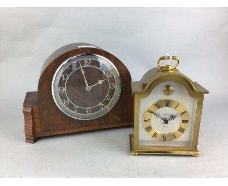 MANTEL CLOCK IN WALNUT CASE, along with a brass cased clock (2)