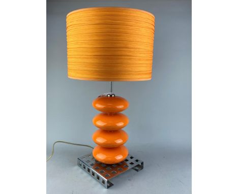 RETRO ORANGE POTTERY TABLE LAMP, with a fabric shade and pierced chrome square base, 57cm high