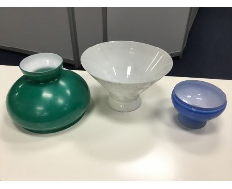 NINE OPAQUE GLASS CONE SHAPED LIGHT SHADES, along with glass oil lamp funnels and other glass shades