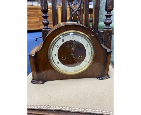 20TH CENTURY WALNUT MANTEL CLOCK, 30cm wide, along with a late 19th century casket with hinged lid, 40cm wide (2)